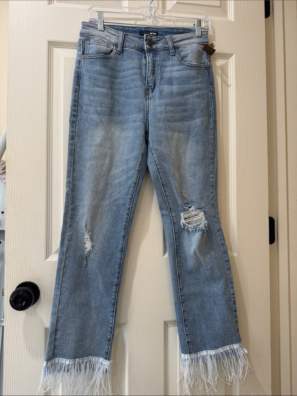 Fashion Nova Light Blue  capri Jeans with Frayed Feather Hem